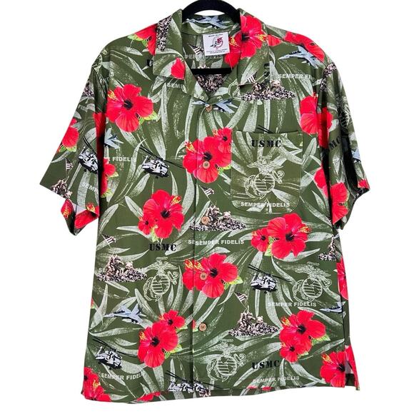 AE SPORT Marines Semper FI Hawaiian Shirt Green Red Men’s Medium NEW - Picture 1 of 12